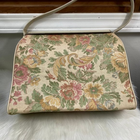 Vintage 50s L & M Cream Floral Tapestry Handbag - Picture 2 of 11